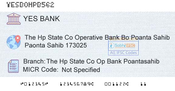 Yes Bank The Hp State Co Op Bank PoantasahibBranch 