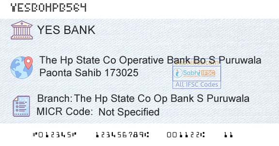 Yes Bank The Hp State Co Op Bank S PuruwalaBranch 
