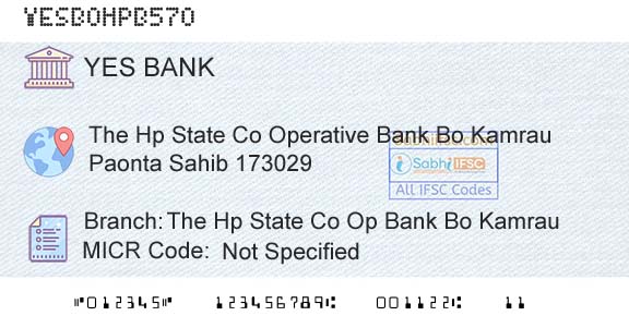 Yes Bank The Hp State Co Op Bank Bo KamrauBranch 