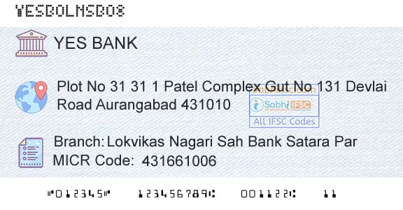 Yes Bank Lokvikas Nagari Sah Bank Satara ParBranch 