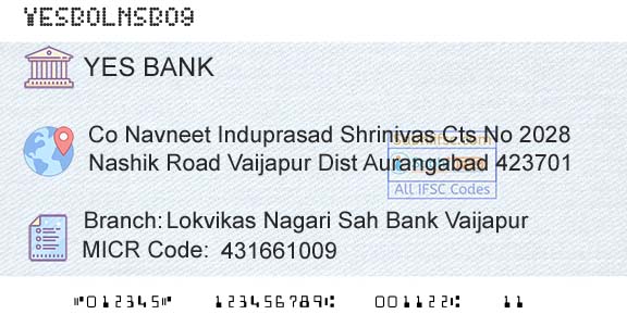 Yes Bank Lokvikas Nagari Sah Bank VaijapurBranch 
