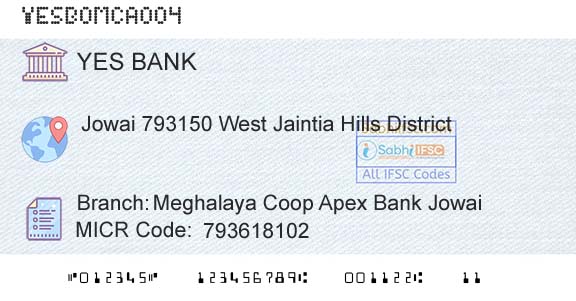 Yes Bank Meghalaya Coop Apex Bank JowaiBranch 