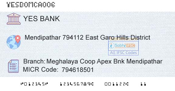 Yes Bank Meghalaya Coop Apex Bnk MendipatharBranch 