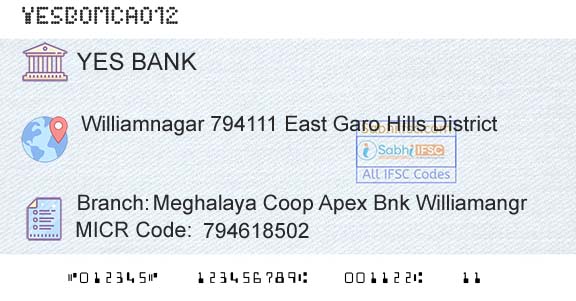 Yes Bank Meghalaya Coop Apex Bnk WilliamangrBranch 