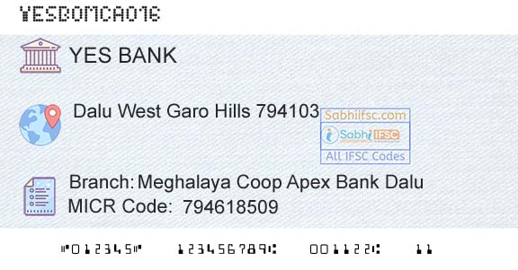 Yes Bank Meghalaya Coop Apex Bank DaluBranch 