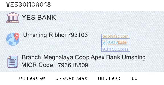 Yes Bank Meghalaya Coop Apex Bank UmsningBranch 