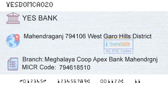 Yes Bank Meghalaya Coop Apex Bank MahendrgnjBranch 