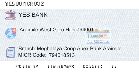 Yes Bank Meghalaya Coop Apex Bank AraimileBranch 