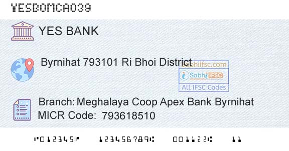 Yes Bank Meghalaya Coop Apex Bank ByrnihatBranch 