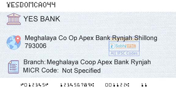 Yes Bank Meghalaya Coop Apex Bank RynjahBranch 