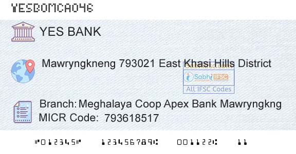 Yes Bank Meghalaya Coop Apex Bank MawryngkngBranch 