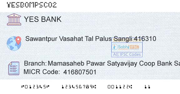 Yes Bank Mamasaheb Pawar Satyavijay Coop Bank SawantpurBranch 