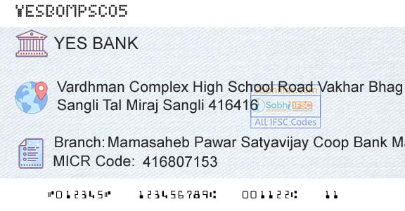 Yes Bank Mamasaheb Pawar Satyavijay Coop Bank Mahavir NgrBranch 