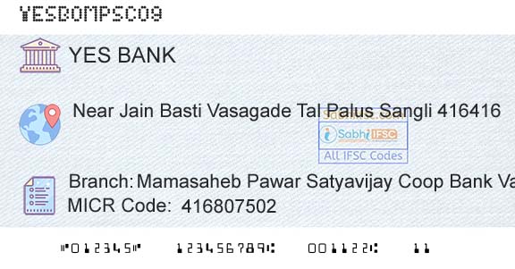 Yes Bank Mamasaheb Pawar Satyavijay Coop Bank VasagadeBranch 