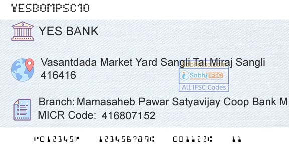 Yes Bank Mamasaheb Pawar Satyavijay Coop Bank Mkt YardBranch 