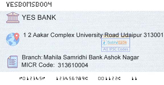 Yes Bank Mahila Samridhi Bank Ashok NagarBranch 