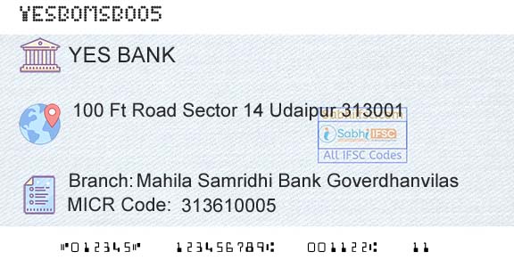 Yes Bank Mahila Samridhi Bank GoverdhanvilasBranch 