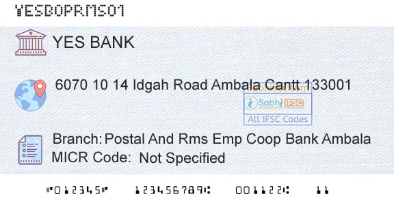 Yes Bank Postal And Rms Emp Coop Bank AmbalaBranch 