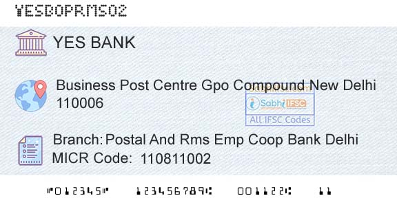Yes Bank Postal And Rms Emp Coop Bank DelhiBranch 