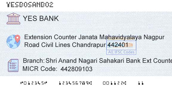 Yes Bank Shri Anand Nagari Sahakari Bank Ext CounterBranch 