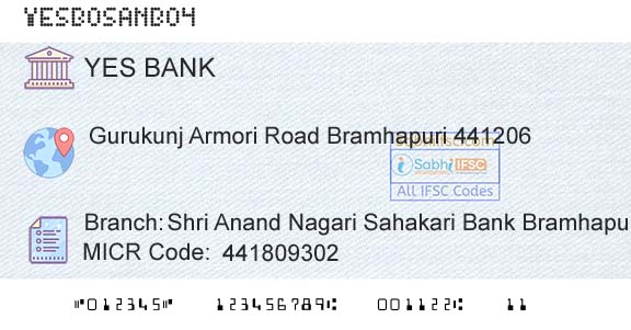 Yes Bank Shri Anand Nagari Sahakari Bank BramhapuriBranch 