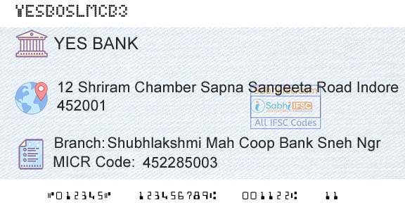 Yes Bank Shubhlakshmi Mah Coop Bank Sneh NgrBranch 