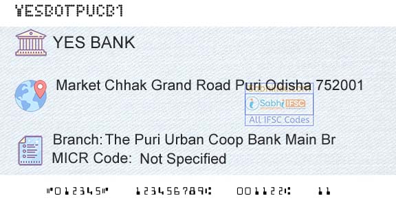 Yes Bank The Puri Urban Coop Bank Main BrBranch 