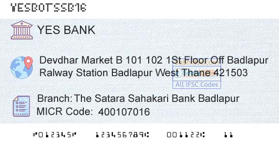Yes Bank The Satara Sahakari Bank BadlapurBranch 