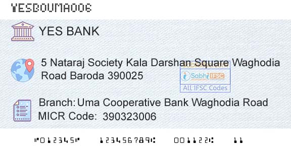 Yes Bank Uma Cooperative Bank Waghodia RoadBranch 