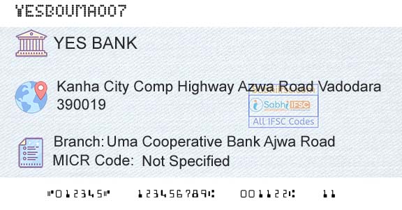 Yes Bank Uma Cooperative Bank Ajwa RoadBranch 
