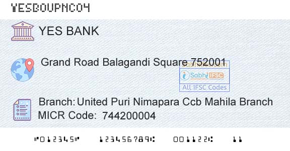 Yes Bank United Puri Nimapara Ccb Mahila BranchBranch 