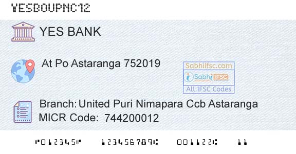 Yes Bank United Puri Nimapara Ccb AstarangaBranch 