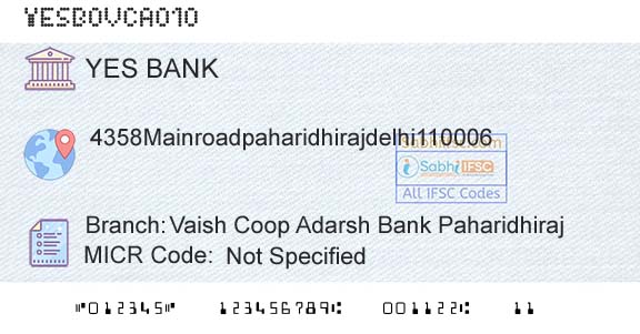 Yes Bank Vaish Coop Adarsh Bank PaharidhirajBranch 