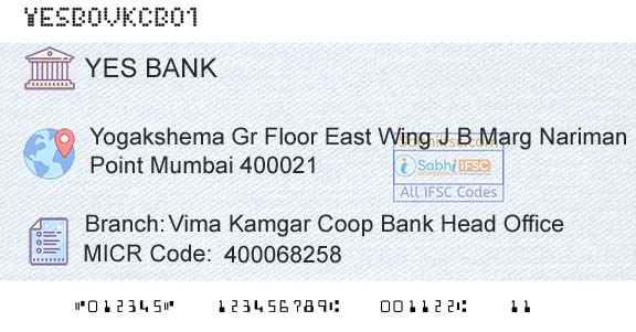 Yes Bank Vima Kamgar Coop Bank Head OfficeBranch 