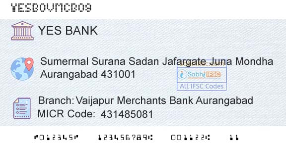 Yes Bank Vaijapur Merchants Bank AurangabadBranch 