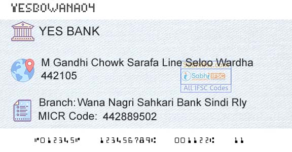 Yes Bank Wana Nagri Sahkari Bank Sindi RlyBranch 