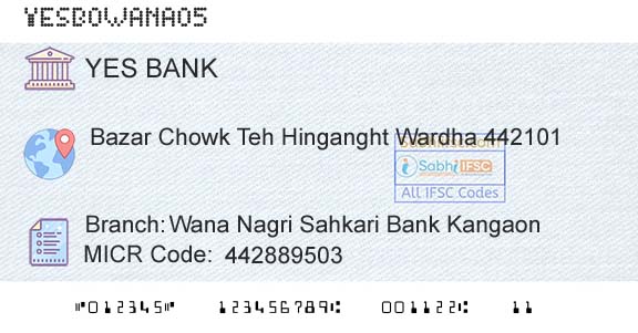 Yes Bank Wana Nagri Sahkari Bank KangaonBranch 
