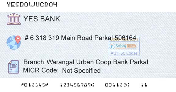 Yes Bank Warangal Urban Coop Bank ParkalBranch 